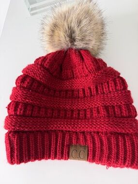 C.C women’s Bright Red Ribbed Pom-Pom Beanie